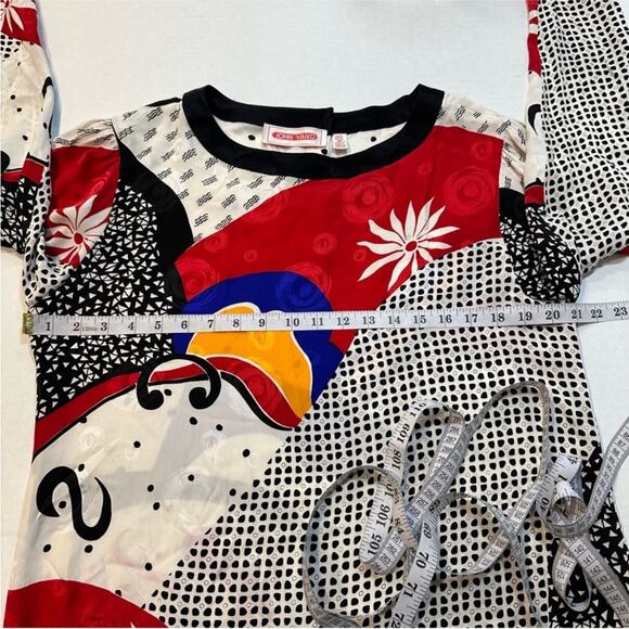 Vintage 80s Silk Abstract Modernist Blouse John Yang Size 14 Tunic Length - Picture 8 of 9